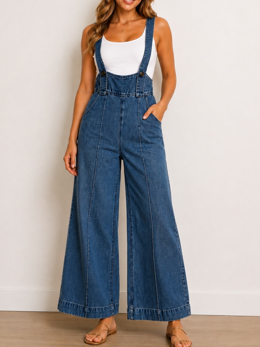 Miou Muse High Waist Wide Leg Denim Overalls Blue Jumpsuit Size Small